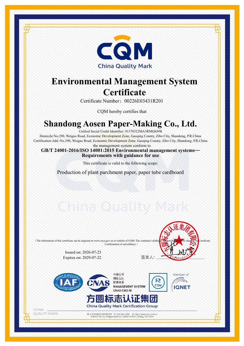 ISO 14001:2015 certificate for Shandong Aosen Paper-Making Co., Ltd.